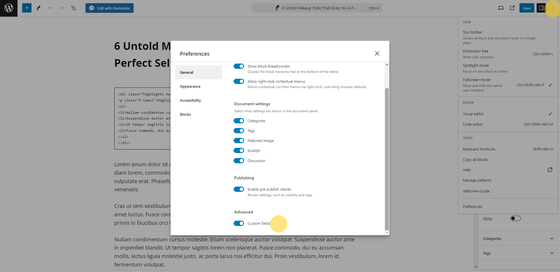 Enable custom fields panel
