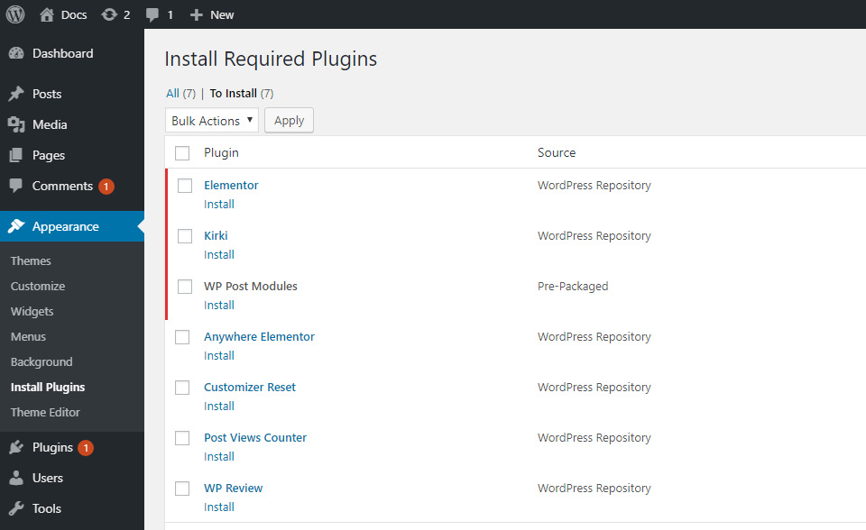 Required and recommended plugins